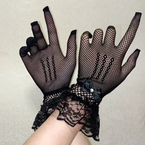 Gants en Dentelle Résille Élégants Avec Nœud en Strass Gants de Mariée Courts en Maille pour Mariage Fête Costume Bijoux Femmes