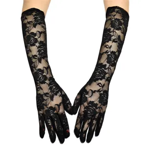 Damen Lange Spitze Handschuhe Elegant Groß Blumen Mesh Fingerhandschuhe Sexy Dark Gothic Stil Formelle Party Clubwear Accessoire