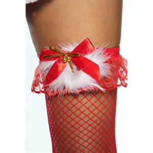 Red Christmas fishnet stockings with white feather and bow garter for holiday party wear.