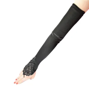 Schwarze Satin Abendhandschuhe 1920er Vintage lange fingerlose Handschuhe mit Perlen Stickerei.