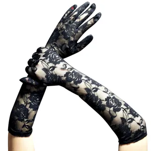 Damen lange schwarze Spitzenhandschuhe mit Blumenmuster dunkler Gothic Stil Detailansicht.