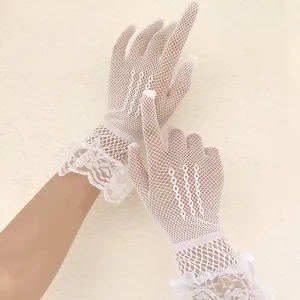 White lace fishnet gloves, elegant full-finger retro party performance gloves for women.