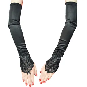 1920er Jahre Vintage Satin Party Handschuhe Damen Lang Fingerlos Perlen Bestickt Floral Gatsby Oper Bankett Zubehör