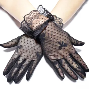 Schwarze Spitzenhandschuhe für Damen, elegante Netz-Sonnenschutzhandschuhe mit Schleife.