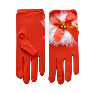 Guanti di Natale per donna piuma carina campanello rosso tessuto elastico accessori festa