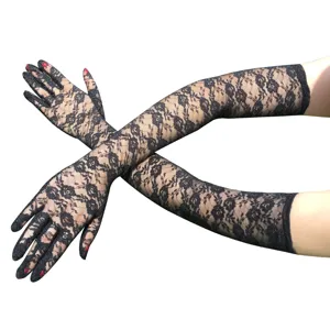 Lange schwarze Spitzenhandschuhe Voller Finger Abend Party Hochzeit Sonnenschutz 54cm