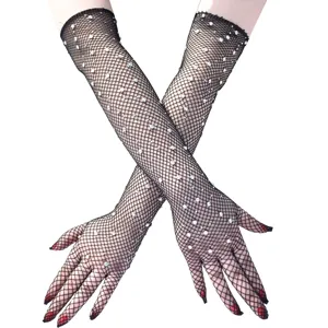 Schwarze Netz-Strass-Handschuhe für Damen, glitzernde Kristall-Netzhandschuhe Party Kostüm.