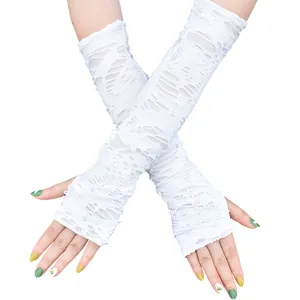 White distressed fingerless long gloves punk gothic arm warmers hollow out design Halloween.