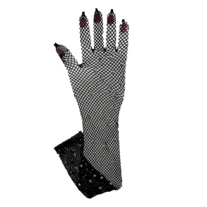 Schwarze Netzstrass Handschuhe glitzern mit Kristallen für Party und modische Vintage Clubwear.