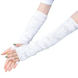 Weisse spitze verruchte fingerlose handschuhe, punk stil armwaermer fuer damen.