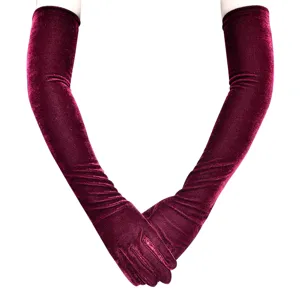 Detailansicht langer burgunderroter Samthandschuhe, weiche Vintage-Abendkleid-Accessoires für Damen.