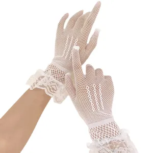 White lace fishnet gloves, elegant full-finger stretchy gloves for women, stage wear.
