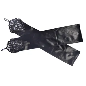 Vintage 1920er schwarze Satin Fingerhandschuhe mit perlenbesetzten Blumenstickerei.
