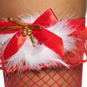 Red Christmas fishnet thigh high stockings with white feather trim, satin bow and bells.