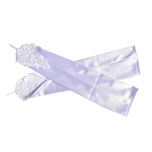 Elegante weiße Satin-Lange Handschuhe mit feiner Stickerei und Perlen für Abendpartys.