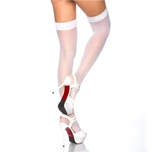 White thigh high stockings detailed with sheer finish and elegant stiletto heels for women.