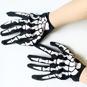 Halloween Skeleton Gloves Cosplay Costume Props Black Spandex Skeleton Hand Print Gloves For Performance Party Stage Adult