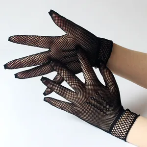 Detailed shot of black fishnet gloves showcasing the intricate mesh design and elastic wrist.