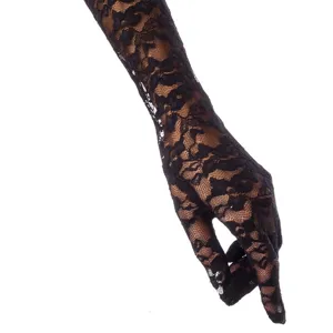 Elegante lange schwarze Damen Spitzenhandschuhe, transparente Blumen Sonnenschutz Handschuhe.