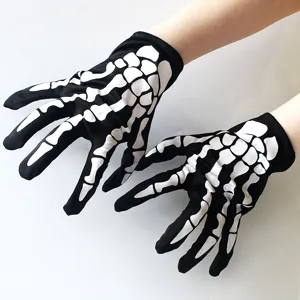 Detail shot of black Halloween skeleton gloves with white bone print, cosplay hand props.