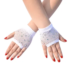 Kurze weiße Fischernetz Strass Halbfinger Handschuhe Punk Mesh Party Kostüm Zubehör