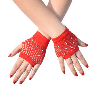 Rote Strass Netz Fischkanten fingerlose Handschuhe Detail, Punk Mesh Party Zubehoer.
