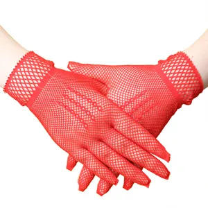 Close-up detail of red fishnet mesh short gloves, breathable hollow design for women fashion.