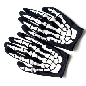 Black skeleton bone print short gloves detail, perfect for Halloween cosplay parties.