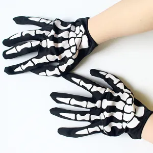 Detail view of black Halloween skeleton gloves with white bone print, perfect for cosplay.
