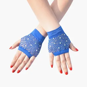 Blaue Strass Fischernetzhandschuhe ohne Finger für Party Punk Kostüm und Weihnachtsdeko