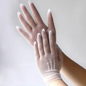 White fishnet short gloves, hollow out mesh lace gloves for women wedding party summer.