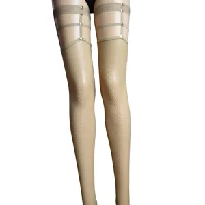 Beige fishnet stockings with garter straps and punk metal studs for women's sexy nightwear.
