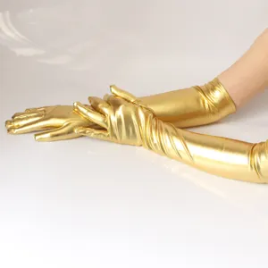 Shiny gold long gloves for women, metallic wet look opera gloves for party stage performance.