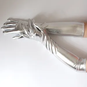Silver metallic long gloves, shiny patent leather opera gloves for stage performance.