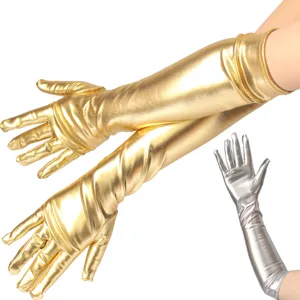 Long metallic patent leather gloves, sexy coated glossy opera gloves for stage performance party.