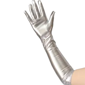 Long metallic silver shiny gloves, sexy coated patent leather pole dance stage performance gloves.