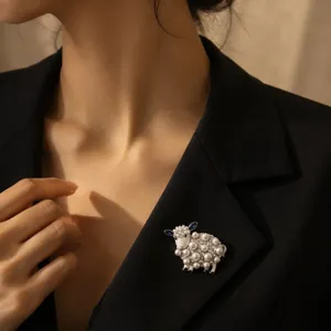 Close-up detail view of the cute pearl rhinestone sheep brooch worn on a black blazer.