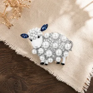 Pearl rhinestone sheep brooch detail view, cute animal design corsage pin for women fashion.