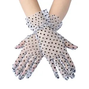 Elegant women sheer mesh polka dot short gloves with ruffle lace for wedding party