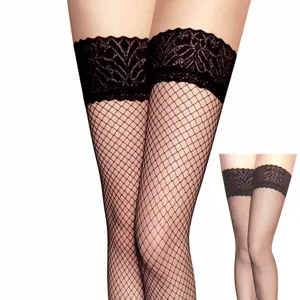 Women Sexy Lace Trim Thigh High Fishnet Stockings Hollow Mesh Long Hosiery Black White Red Nude Socks For Date Party