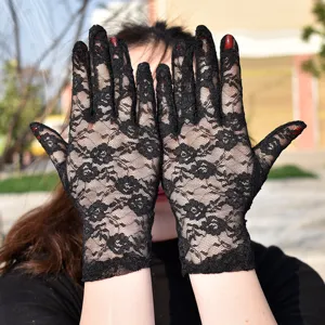 Damen schwarze spitze kurze handschuhe frühling sommer dünn blumen sonnenschutz fahrhandschuhe