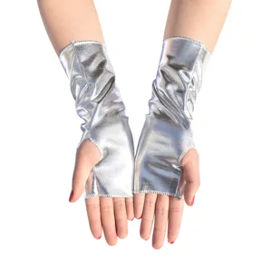 Glanzende zilveren vingerloze handschoenen metallisch korte feestkostuum accessoires