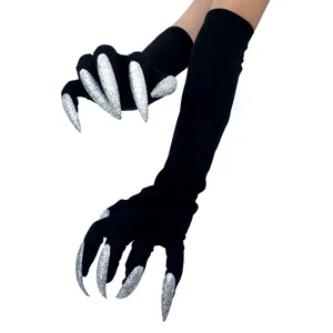 Halloween long black gloves with silver glitter witch claws for cosplay and party costumes.