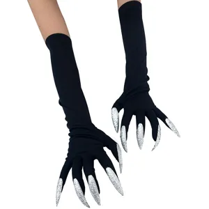 Detail shot of black long Halloween witch costume gloves featuring exaggerated silver glitter fake claw nails.