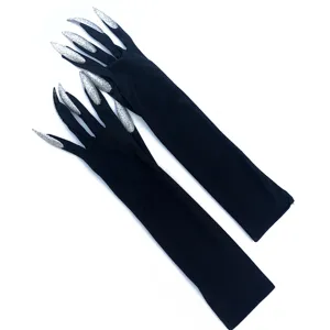 Detailed view of black long witch costume gloves with sparkly silver glitter nails, ideal for cosplay.