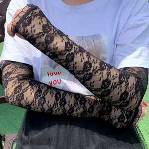 Schwarze Spitzen Armstulpen Sonnenschutz Fingerlose Handschuhe Damen Sommer Outdoor Fahrt.