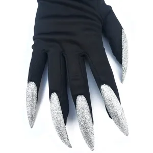 Close-up detail of black cosplay witch glove featuring ultra-long silver glitter fake claws.
