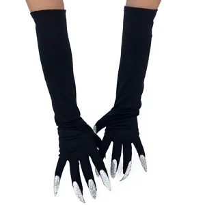 Halloween long black witch gloves with silver glitter claw nails, perfect for cosplay and parties.