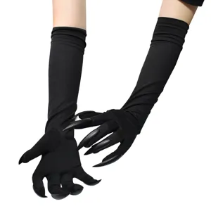 Halloween long black witch gloves with fake claw nails for spooky cosplay party wear.