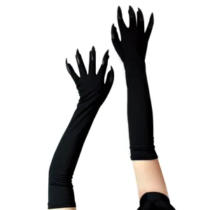 Details of black long witch gloves with creepy fake claw fingernails for Halloween costumes.